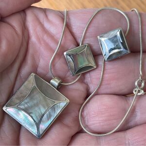 Sterling Silver Mother Of Pearl Pendant Necklace And Earring Set 925 Square 8g